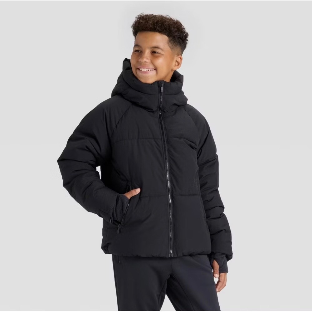 All in Motion Kids Black Puffer Jacket Wind Water Resistant XL 14 Hooded Coat